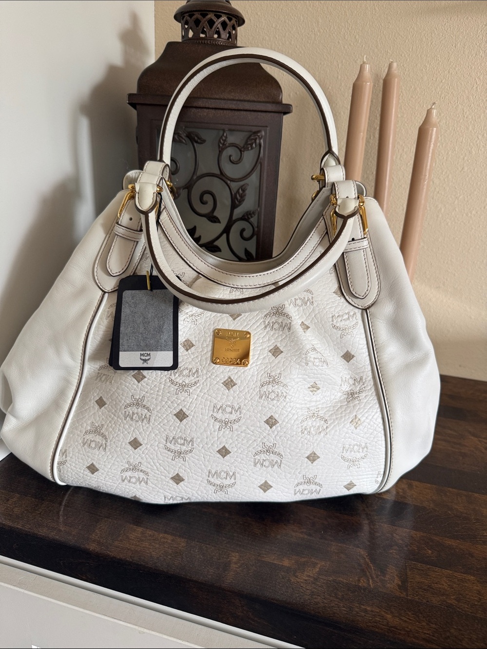 Authentic MCM White Visetos Monogram Shoulder Bag